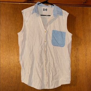 Sleeveless White and Blue Shirt